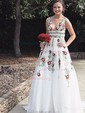A-line V-neck Lace Sweep Train Prom Dresses
