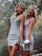 Sheath/Column Scoop Neck Lace Tulle Short/Mini Appliques Lace Short Prom Dresses