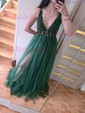 A-line V-neck Tulle Sweep Train Prom Dresses With Beading