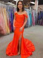 Trumpet/Mermaid Off-the-shoulder Silk-like Satin Sweep Train Prom Dresses With Split Front