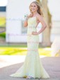 Trumpet/Mermaid Sweep Train Scoop Neck Lace Tulle Appliques Lace Prom Dresses