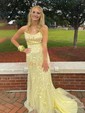 Trumpet/Mermaid Sweep Train Scoop Neck Lace Tulle Appliques Lace Prom Dresses