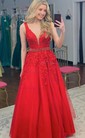 Ball Gown V-neck Tulle Sweep Train Prom Dresses With Beading