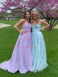 A-line V-neck Tulle Sweep Train Prom Dresses With Appliques Lace
