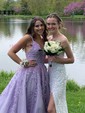 A-line V-neck Tulle Sweep Train Prom Dresses With Appliques Lace