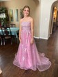 Ball Gown/Princess Sweep Train Scoop Neck Tulle Appliques Lace Prom Dresses