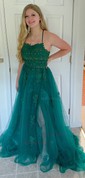 Ball Gown/Princess Sweep Train Scoop Neck Tulle Appliques Lace Prom Dresses