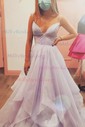 Ball Gown/Princess Sweep Train V-neck Glitter Cascading Ruffles Prom Dresses