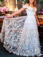 A-line Sweep Train Off-the-shoulder Tulle Appliques Lace Prom Dresses