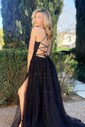 Ball Gown/Princess Sweep Train Scoop Neck Tulle Appliques Lace Prom Dresses