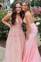 Ball Gown V-neck Lace Tulle Sweep Train Appliques Lace Prom Dresses