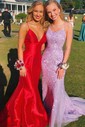 Trumpet/Mermaid Sweep Train Scoop Neck Tulle Lace Appliques Lace Prom Dresses