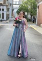Ball Gown/Princess Sweep Train Square Neckline Shimmer Crepe Pockets Prom Dresses