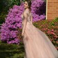 Ball Gown/Princess Sweep Train Illusion Chiffon Appliques Lace Prom Dresses
