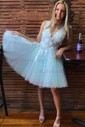 A-line V-neck Tulle Lace Short/Mini Appliques Lace Short Prom Dresses