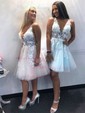 A-line V-neck Tulle Lace Short/Mini Appliques Lace Short Prom Dresses