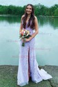Trumpet/Mermaid V-neck Tulle Sweep Train Prom Dresses With Split Front