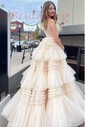 Princess V-neck Tulle Floor-length Prom Dresses With Tiered