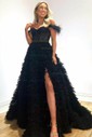 Ball Gown/Princess Sweep Train Off-the-shoulder Lace Tulle Beading Prom Dresses