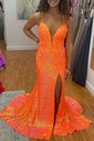 Sheath/Column Sweep Train V-neck Sequined Appliques Lace Prom Dresses