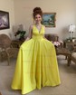 Ball Gown V-neck Satin Sweep Train Prom Dresses With Pockets