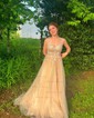 Ball Gown/Princess Sweep Train Off-the-shoulder Tulle Glitter Appliques Lace Prom Dresses