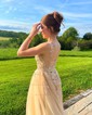 Ball Gown/Princess Sweep Train Off-the-shoulder Tulle Glitter Appliques Lace Prom Dresses