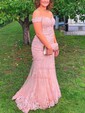 Trumpet/Mermaid Floor-length Off-the-shoulder Tulle Appliques Lace Prom Dresses