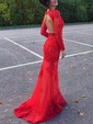 Sheath/Column Scoop Neck Tulle Sweep Train Appliques Lace Prom Dresses