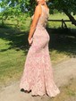 Trumpet/Mermaid V-neck Lace Tulle Sweep Train Beading Prom Dresses