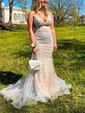 Trumpet/Mermaid V-neck Tulle Sweep Train Prom Dresses With Appliques Lace