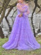 Ball Gown/Princess Sweep Train High Neck Tulle Long Sleeves Flower(s) Prom Dresses