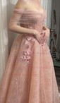 A-line Off-the-shoulder Tulle Sequined Sweep Train Prom Dresses With Flower(s)