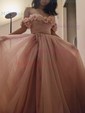 Ball Gown/Princess Sweep Train Off-the-shoulder Tulle Flower(s) Prom Dresses