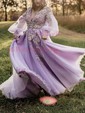 Ball Gown/Princess Sweep Train V-neck Tulle Long Sleeves Split Front Prom Dresses