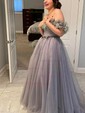 A-line Off-the-shoulder Tulle Sweep Train Prom Dresses With Sashes / Ribbons