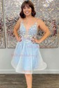 A-line V-neck Tulle Short/Mini Appliques Lace Short Prom Dresses