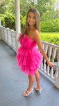 A-line Strapless Tulle Short/Mini Short Prom Dresses With Sashes / Ribbons