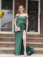 Sheath/Column Off-the-shoulder Silk-like Satin Sweep Train Prom Dresses With Split Front