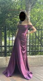 Sheath/Column Off-the-shoulder Silk-like Satin Sweep Train Ruffles Prom Dresses