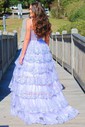 Ball Gown/Princess V-neck Tulle Sweep Train Prom Dresses With Appliques Lace