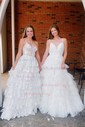 Ball Gown/Princess V-neck Tulle Sweep Train Prom Dresses With Appliques Lace