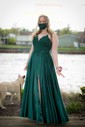 A-line V-neck Silk-like Satin Sweep Train Appliques Lace Prom Dresses