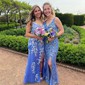 Sheath/Column Floor-length V-neck Tulle Glitter Appliques Lace Prom Dresses