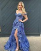 Ball Gown/Princess Off-the-shoulder Tulle Sweep Train Prom Dresses With Appliques Lace