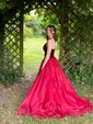 Ball Gown/Princess Sweep Train V-neck Organza Velvet Prom Dresses