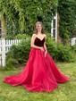 Ball Gown/Princess Sweep Train V-neck Organza Velvet Prom Dresses