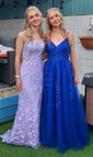 Sheath/Column V-neck Lace Sweep Train Beading Prom Dresses