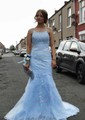 Trumpet/Mermaid Scoop Neck Tulle Sweep Train Appliques Lace Prom Dresses