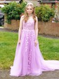 Ball Gown Scoop Neck Tulle Sweep Train Appliques Lace Prom Dresses